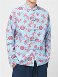 Men's Chinese Mythology Kylin Print Blue Retro Jacket