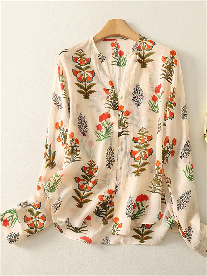 Women's Summer Printed Holiday Style Long Sleeve V Neck Shirts