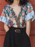 Summer Floral Print V-Neck Ruffled Sleeve Shirt for Women