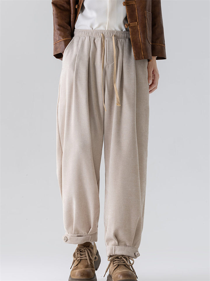 Winter Comfy Elastic Waist Wide Leg Pants for Men with Buttons Details Cuff