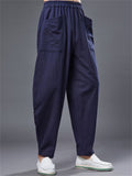 Ramie Loose Front Pockets Elastic Waist Harem Pant  for Men
