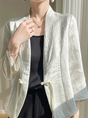 Chinese Style Retro Jacquard Frog Button Satin Suit Jacket for Women