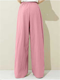 Casual Solid Color Elastic Waist Wide Leg Pants for Women