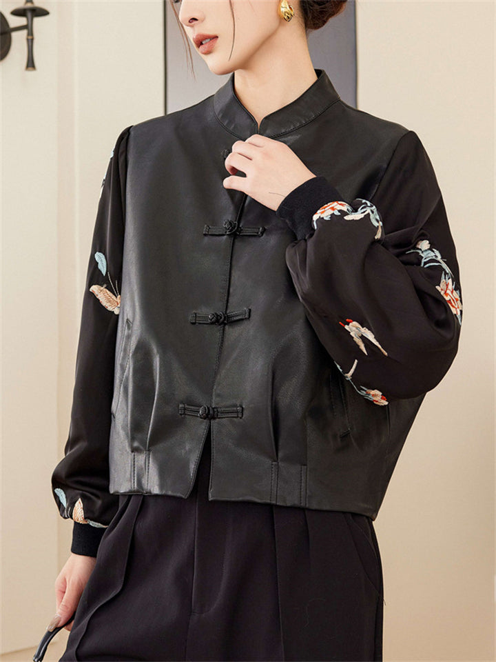 Women's Black PU Leather Patchwork Stand Collar Jackets