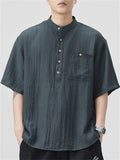 Men's Casual Stand Collar Solid Color Texture Short Sleeve Shirts