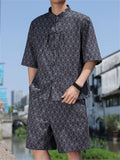 Men's Summer Vintage Chinese Style Short Sleeve Suit Set with Geometry Print