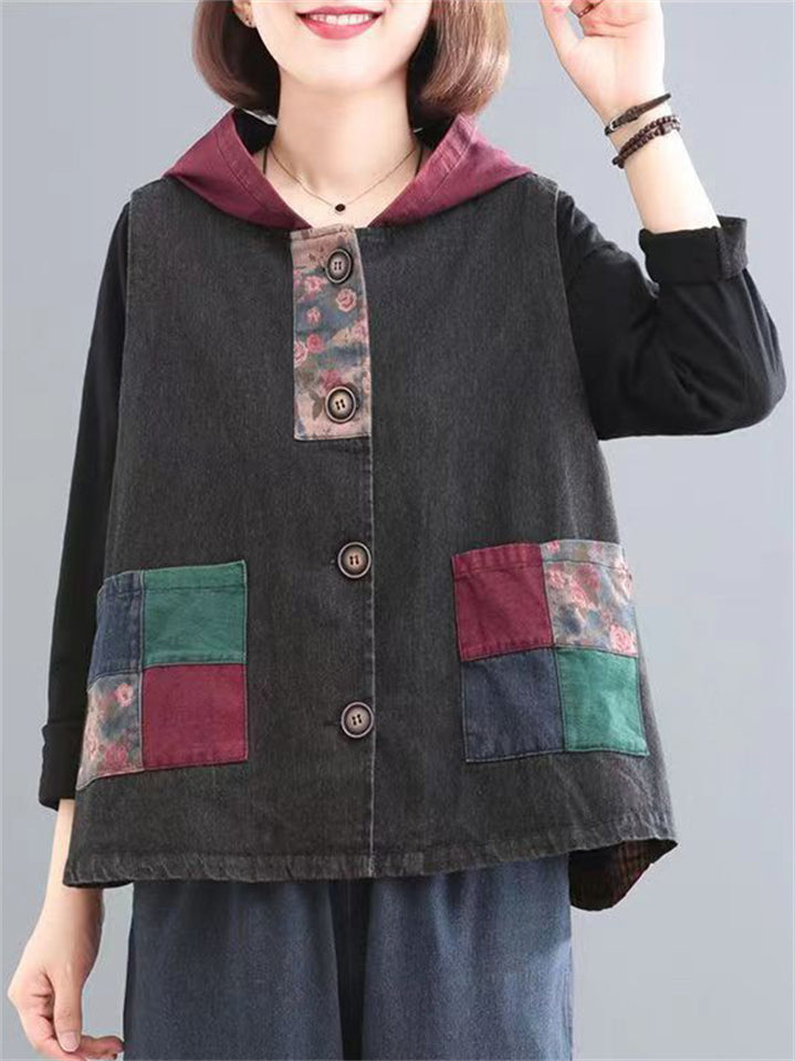Women's Retro Patchwork Sleeveless Hooded Jackets