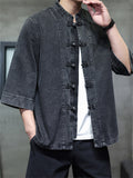 Chinese Style Retro Stand Collar Frog Button 3/4-sleeved Denim Shirt