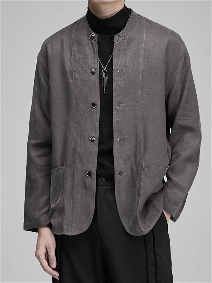 Men's Japanese Style Retro Tencel Solid Color Collarless Casual Suit Jackets