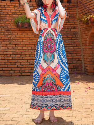 Women's Trendy Ethnic Holiday Style Print V Neck Maxi Dress
