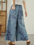 Summer Women's Flowers Print Wide Leg Jeans