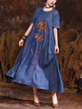 Ancient Style Red Lotus Embroidery Short Sleeve Dress for Women