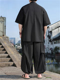 Oriental Style Cardigan Top and Wide Leg Pleated Pants Set for Men