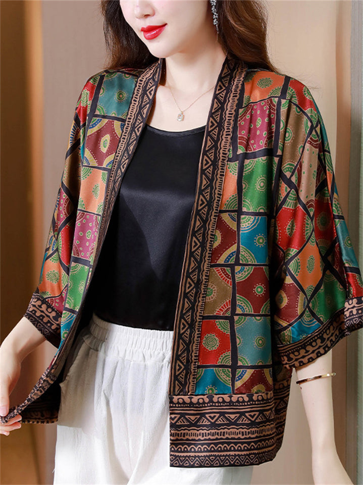 Women's Trendy 3/4 Sleeve Geometry Print Patchwork Cardigan Shirts