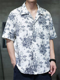 Men's Chinese Vintage Floral Print Short Sleeve Button Up Summer Shirts