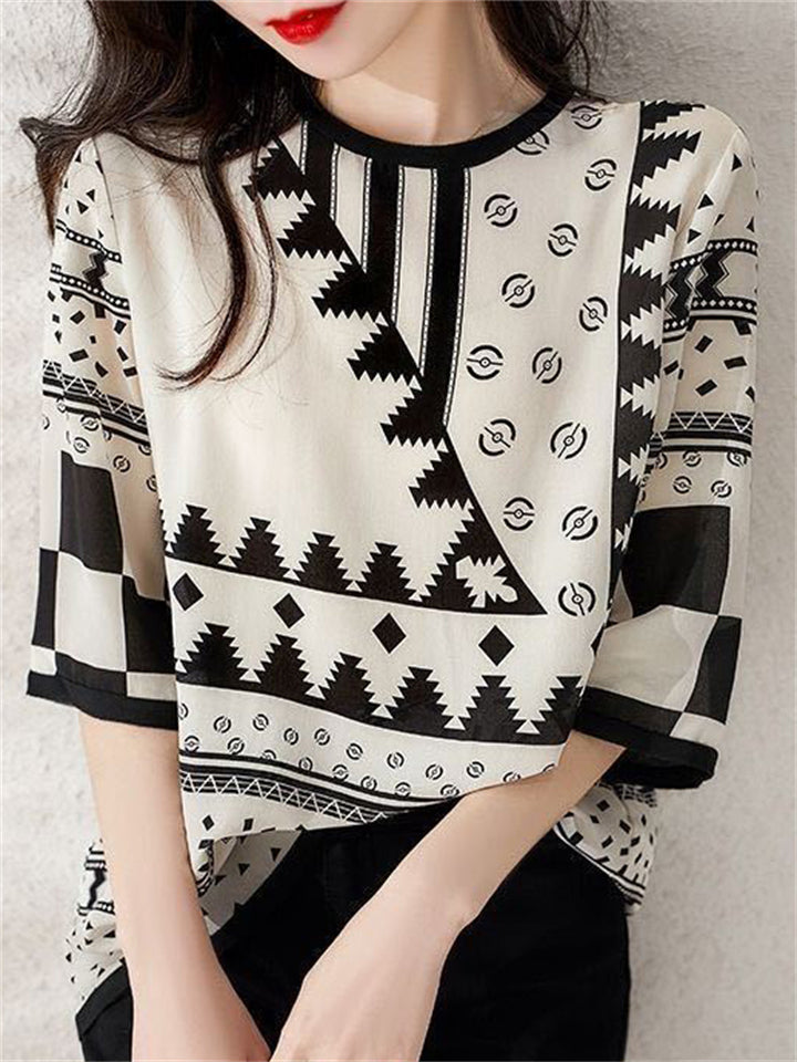 Korean Style Women's Casual O-Neck Print Chiffon Half Sleeve Shirt