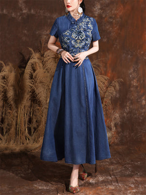 Women's Ethnic Style Hand-Embroidered A-Line Blue Denim Dress