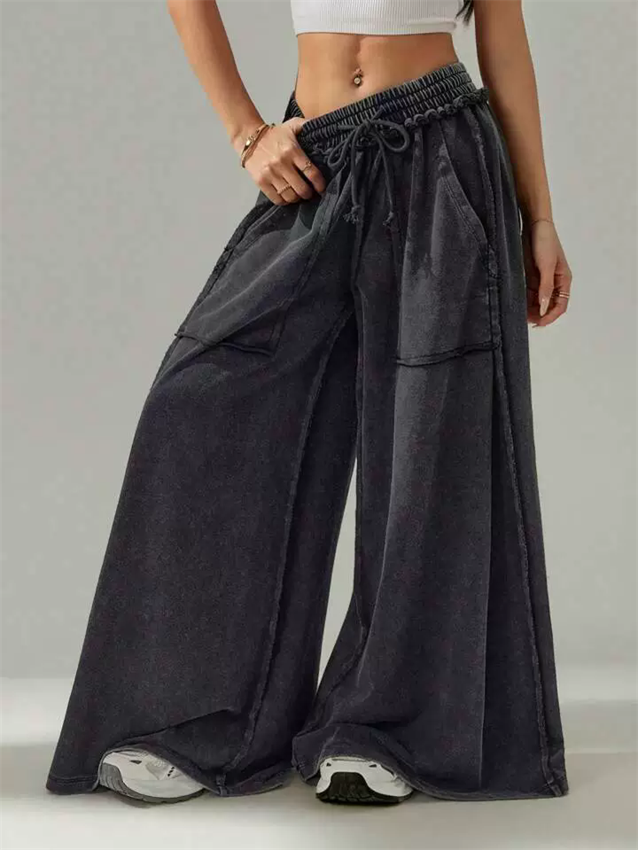 Women's Distressed Black Elastic Waist Wide Leg Long Pants