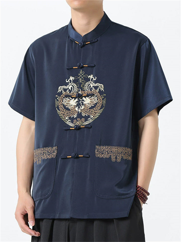 Men's Vintage Chinese Loong Print Frog Button Short Sleeve Tang Suit Shirts