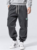 Men Fleeced Drawstring Elastic Waist Loose Fit Cargo Joggers Sweatpants