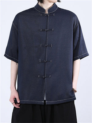 Oriental Style Casual Solid Color Short Sleeve Stand Collar Shirts for Men
