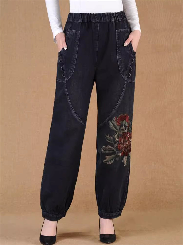 Women's Vintage Flower Embroidered Pockets Elastic Waist Jeans