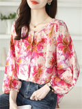 Korean Style Floral Print Round Neck Puff Sleeve Shirt for Women