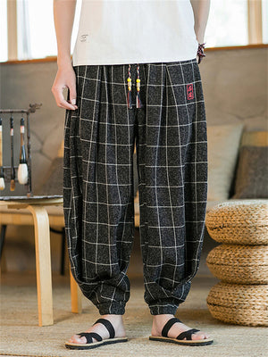 Chinese Style Men's Black Embroidered Plaid Pants