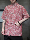 Men's Cotton Linen Stand Collar Short Sleeve Tang Suit Shirts