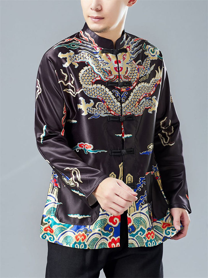 Oriental Style Loong Print Long Sleeve Cardigan Shirt for Men
