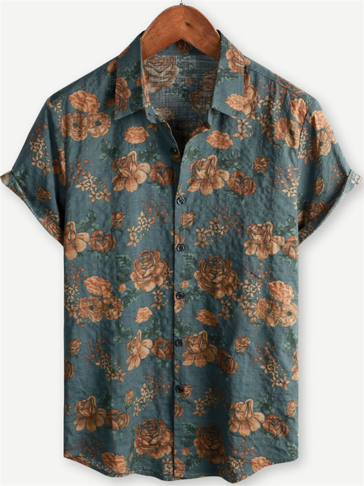 Men's Vintage Floral Print Button Up Holiday Short Sleeve Shirt