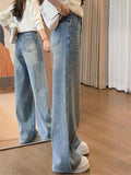 Women's Spring Rhinestone High Waist Staight Wide Leg Jeans