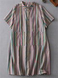 Women's Casual Contrast Color Striped Pockets Button Up Shirt Dress