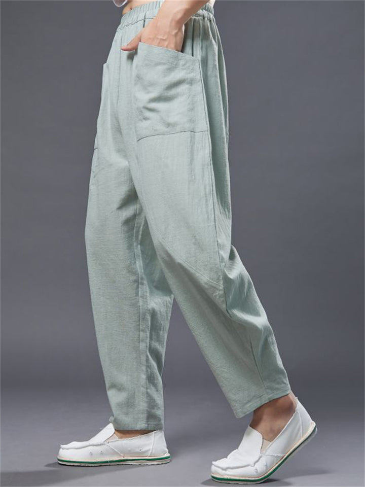 Ramie Loose Front Pockets Elastic Waist Harem Pant  for Men