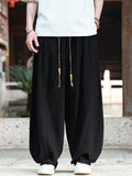 Mens Japanese Style Cotton Linen Loose Fit Drawstring Wide Leg Pants