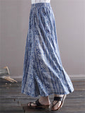 Women's Summer Blue Ethnic Style Printed Elastic Waist Wide Leg Pants