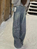 Women's Spring Rhinestone Glitter Wide Leg Flare Denim Pants