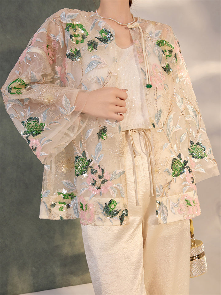 Women's Elegant Flower Sequined Semi-transparent Shirt
