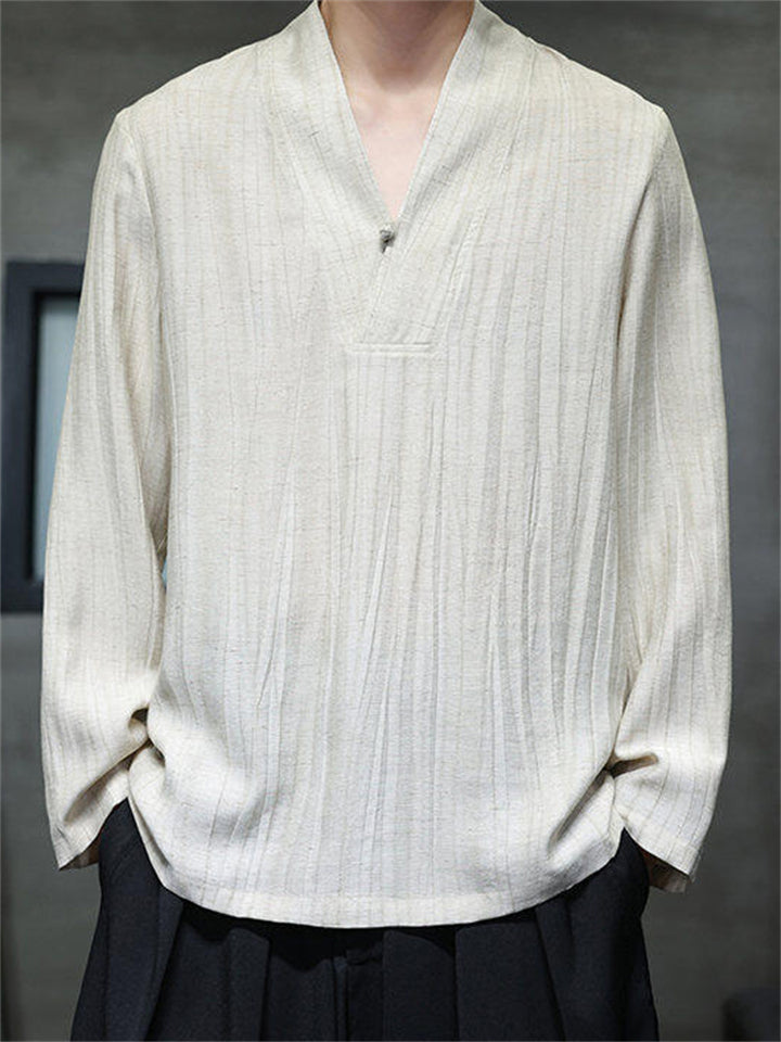 Retro Oriental Style Long Sleeve V-Neck Tang Suit Shirt For men