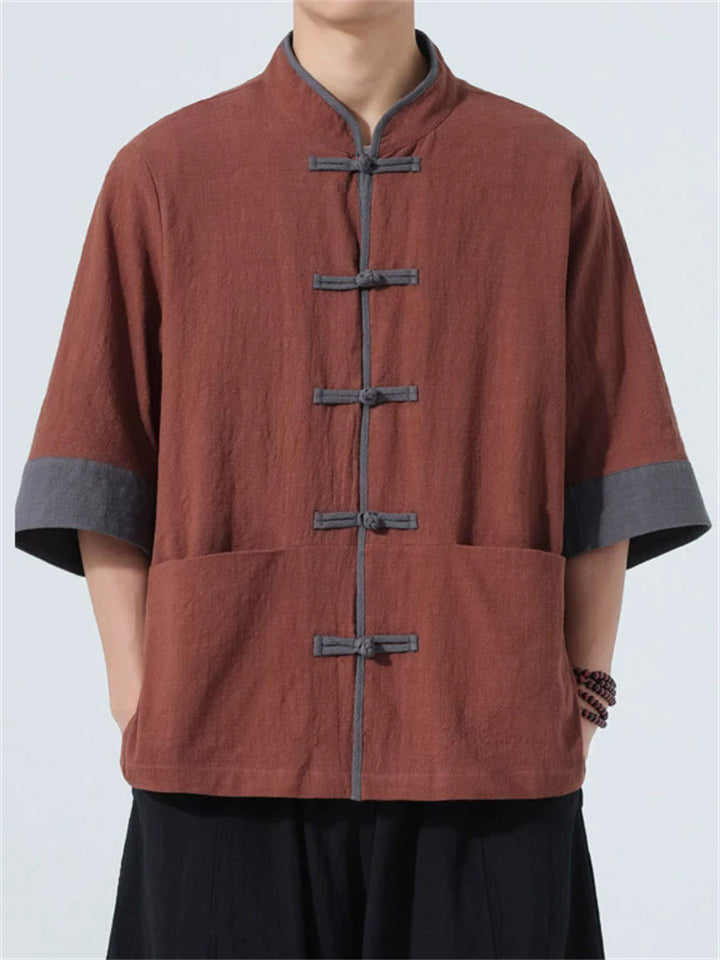 Men's Chinese Style Color Block Short Sleeve Tang Suit Kung Fu Shirts