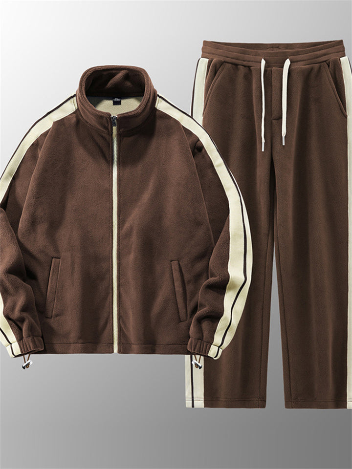 Men's Winter Fleece Lined Striped Stand Collar Tracksuit Set