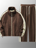 Men's Winter Fleece Lined Striped Stand Collar Tracksuit Set