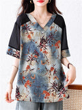 Plus Size Women's Leaves Printed Patchwork V Neck Half Sleeve Shirts