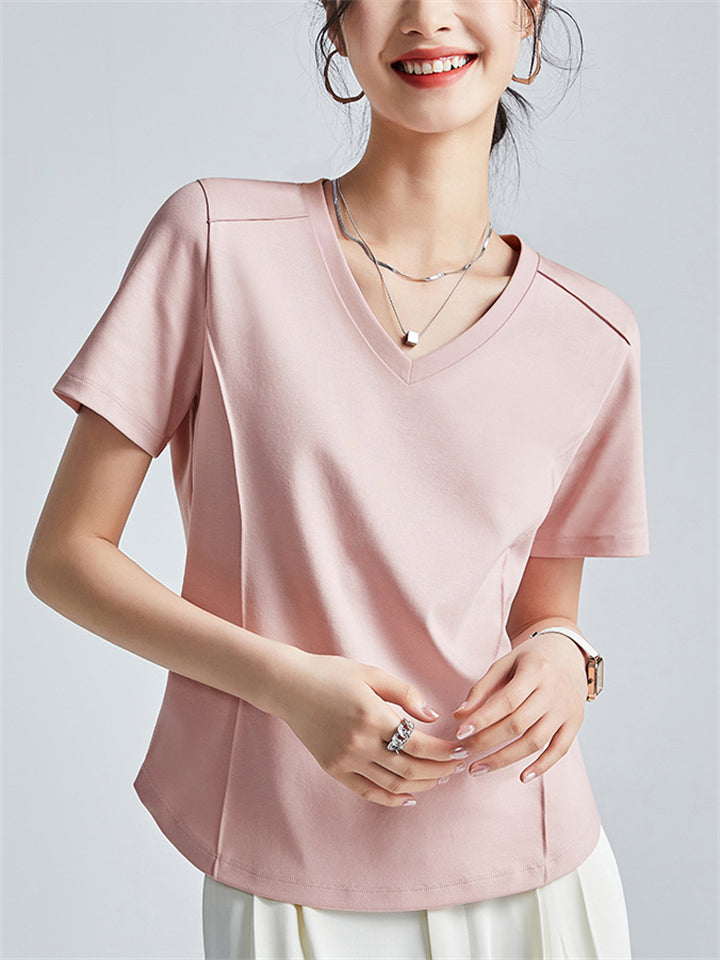 Summer V-Neck Solid Color Short Sleeve T-Shirt for Women