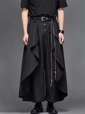Retro Japanese Style Casual Patchwork Wide Leg Cropped Pants for Men