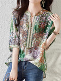Loose Summer Floral Print V-Neck Patchwork Shirt For Women