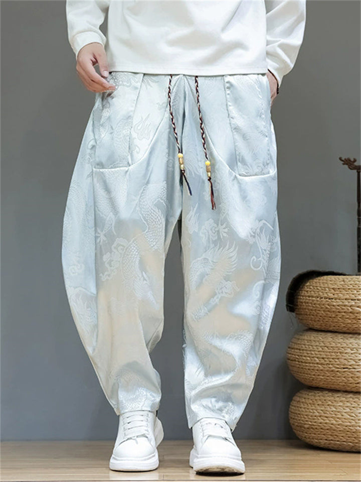 Men's Chinese Style Trendy Loong Print Wide-leg Bloomers Pants