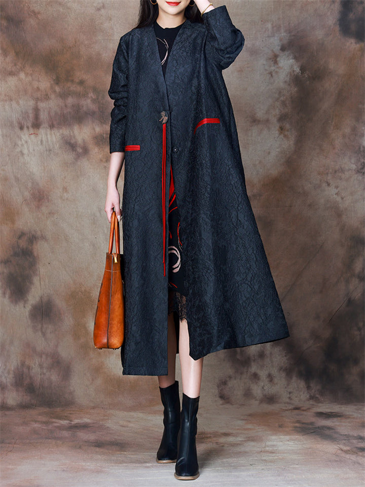 Vintage Black Tassel Design V Neck Jacquard Overcoat for Women