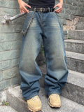 Mens Vintage Baggy Wide Leg Distressed Jeans with Pockets