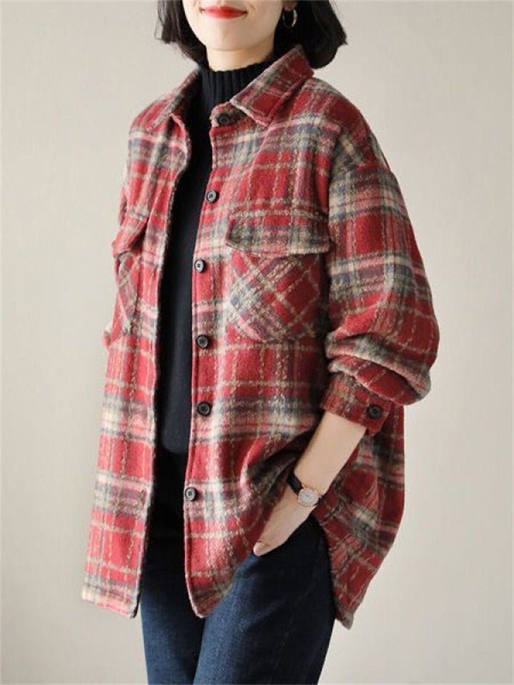 Female Autumn Winter Thickened Mid-length Lapel Plaid Jacket